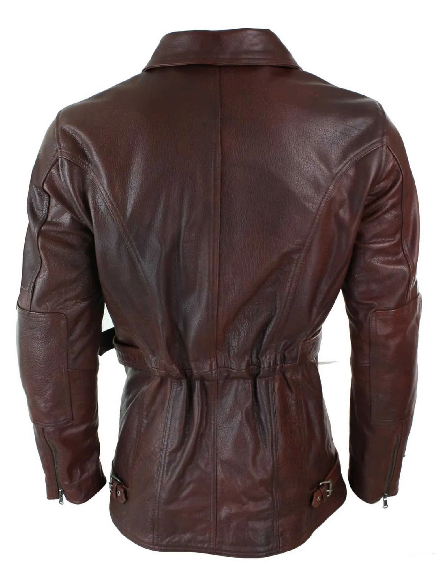 Mens Cross Zip Belted Timber Brown 3/4 Motorcycle Biker Long Leather Jacket CE Armour