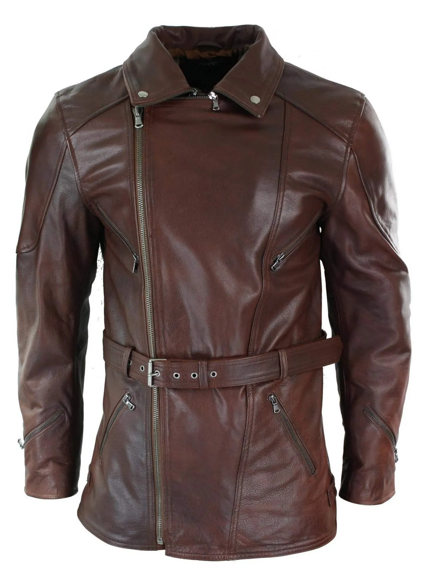 Mens Cross Zip Belted Timber Brown 3/4 Motorcycle Biker Long Leather Jacket CE Armour