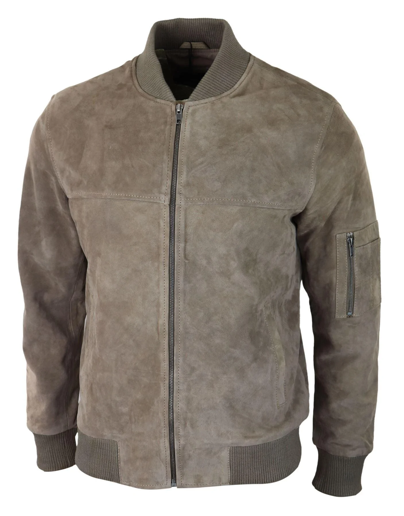 Mens Genuine Suede Bomber Jacket Leather Casual Varsity VIntage Smart Casual Beige