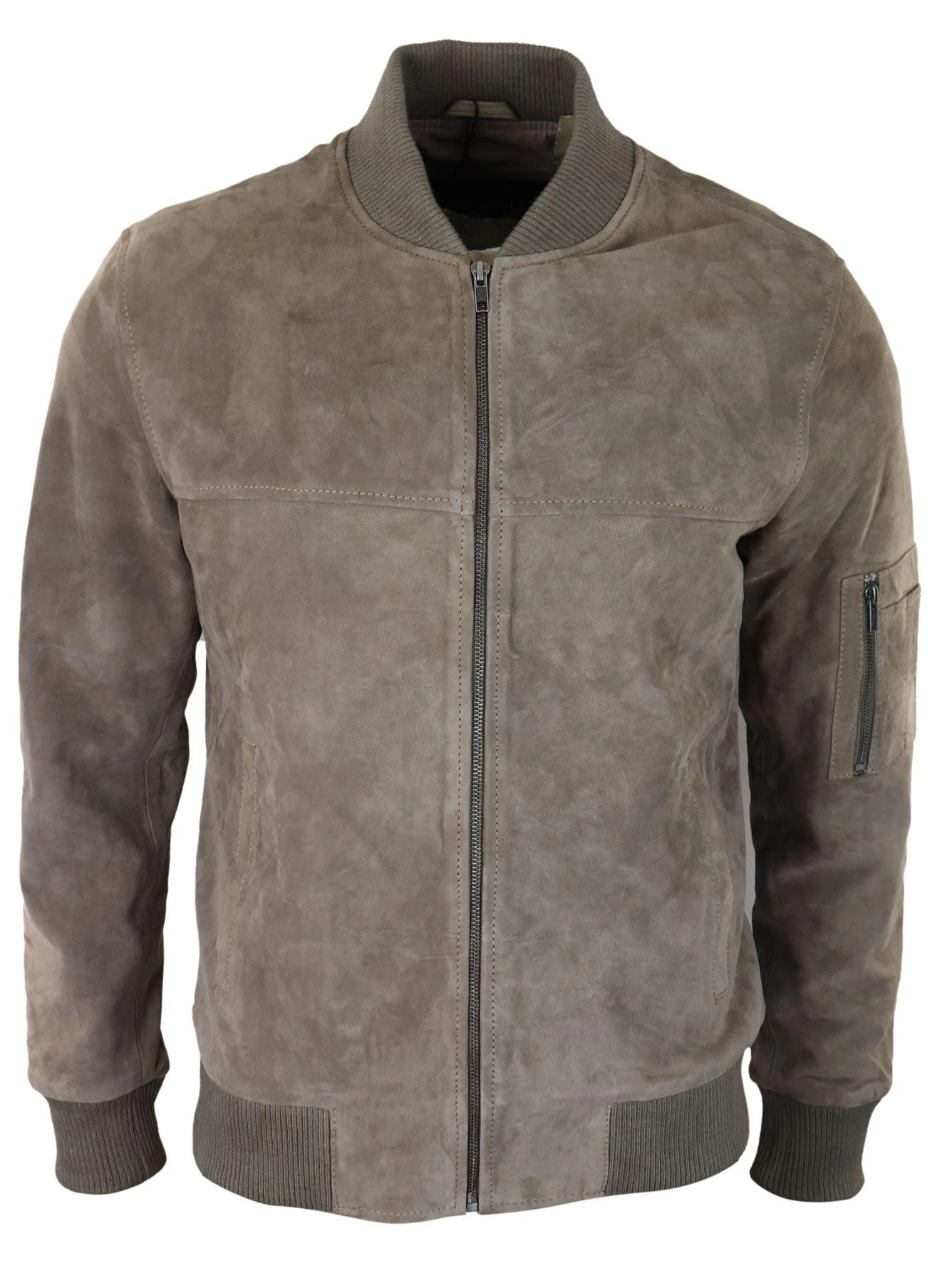 Mens Genuine Suede Bomber Jacket Leather Casual Varsity VIntage Smart Casual Beige