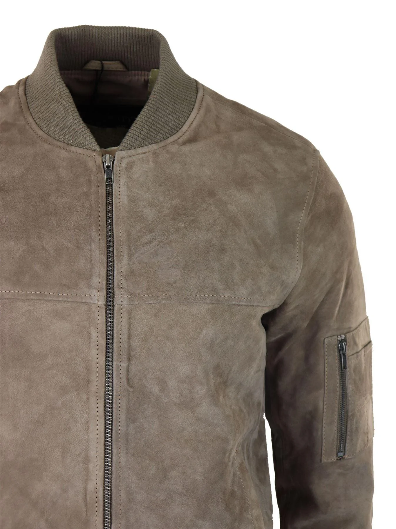 Mens Genuine Suede Bomber Jacket Leather Casual Varsity VIntage Smart Casual Beige