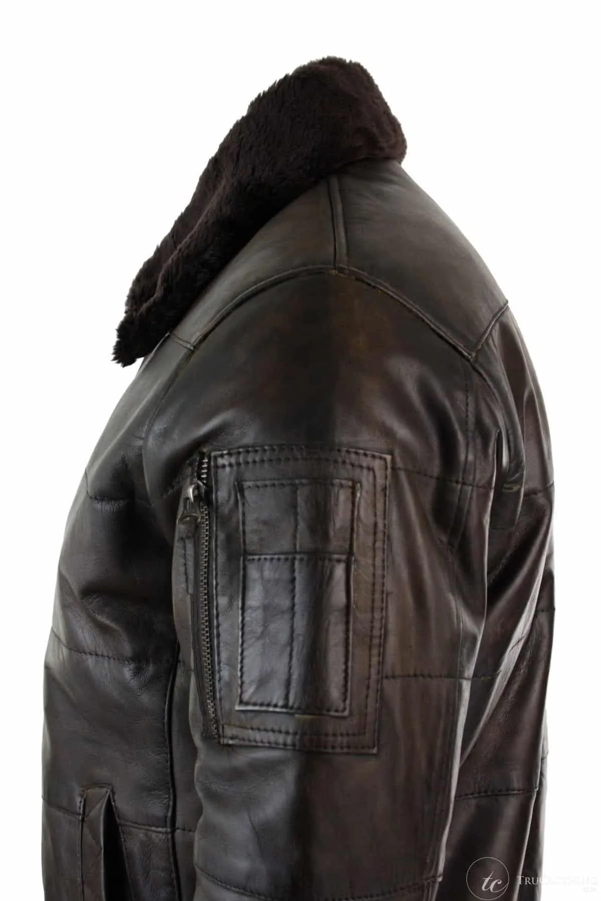 Mens Puffer Quilted Real Leather Pilot Fur Collar Bomber Jacket Black Vintage Brown-Brown