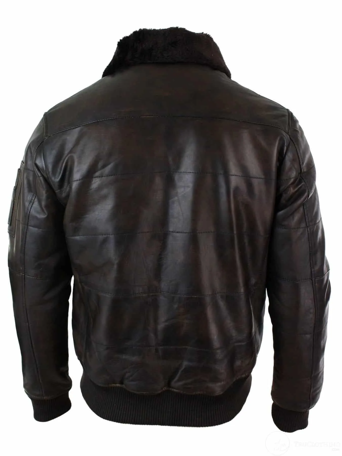 Mens Puffer Quilted Real Leather Pilot Fur Collar Bomber Jacket Black Vintage Brown-Brown