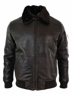 Mens Puffer Quilted Real Leather Pilot Fur Collar Bomber Jacket Black Vintage Brown-Brown