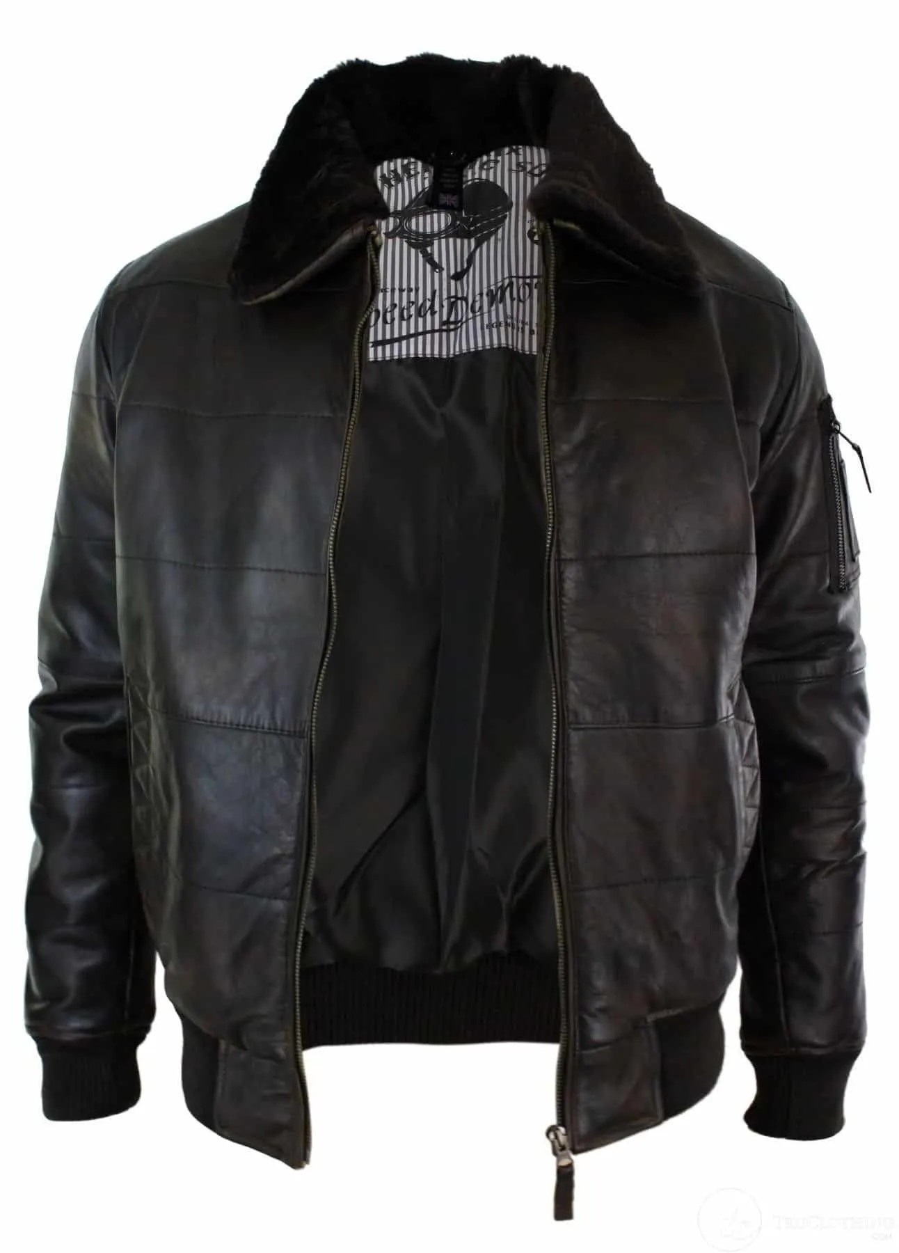 Mens Puffer Quilted Real Leather Pilot Fur Collar Bomber Jacket Black Vintage Brown-Brown