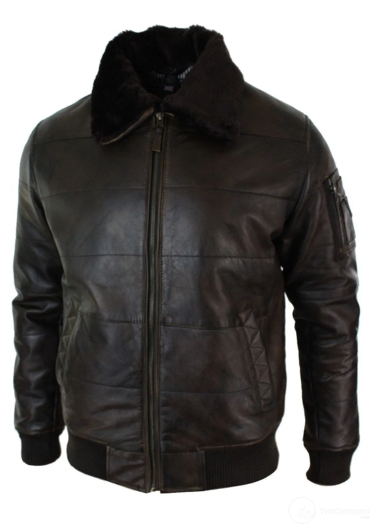 Mens Puffer Quilted Real Leather Pilot Fur Collar Bomber Jacket Black Vintage Brown-Brown