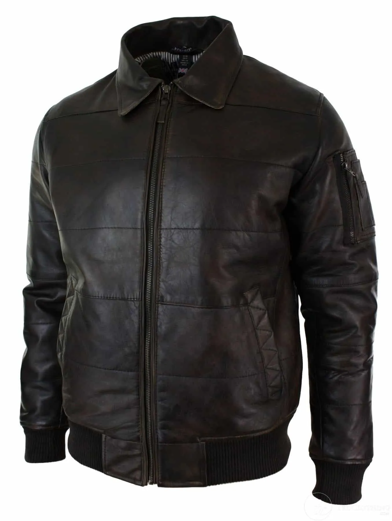 Mens Puffer Quilted Real Leather Pilot Fur Collar Bomber Jacket Black Vintage Brown-Brown