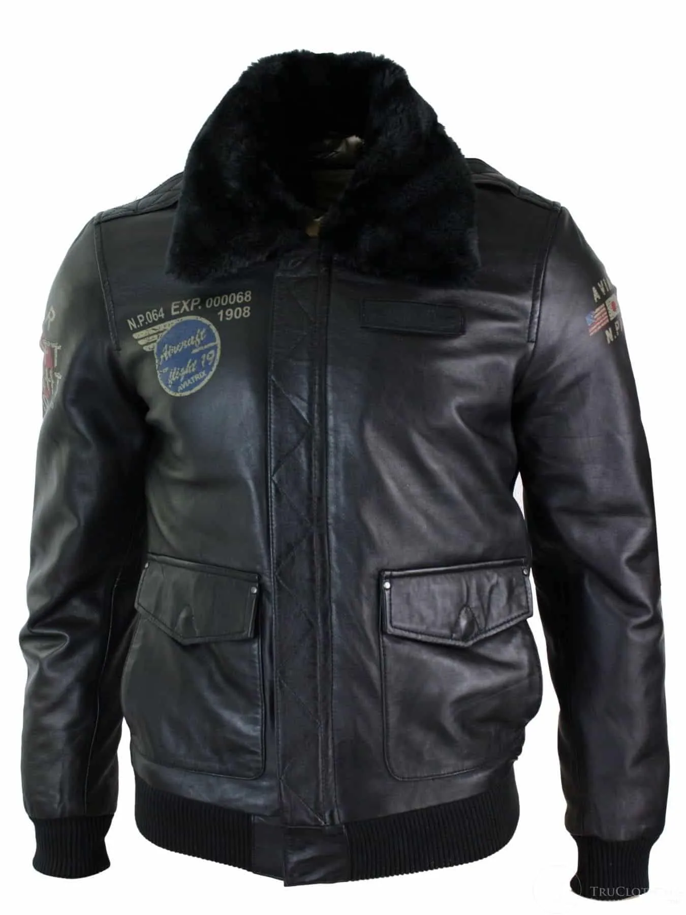 Mens Real Leather Black Aviator Fur Collar Pilot Jacket Slim Fit Bomber