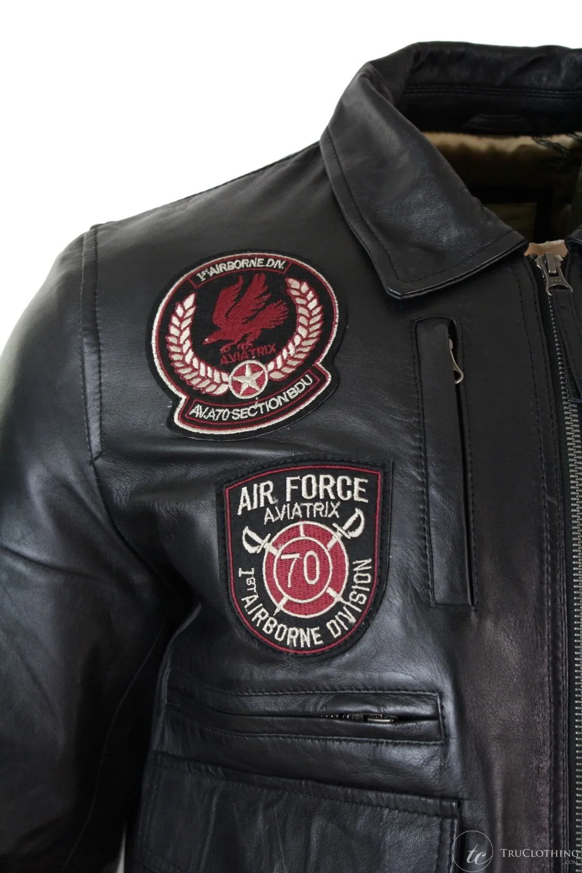 Mens Real Leather Black Bomber Badge Air Force Pilot Flying Jacket-Black