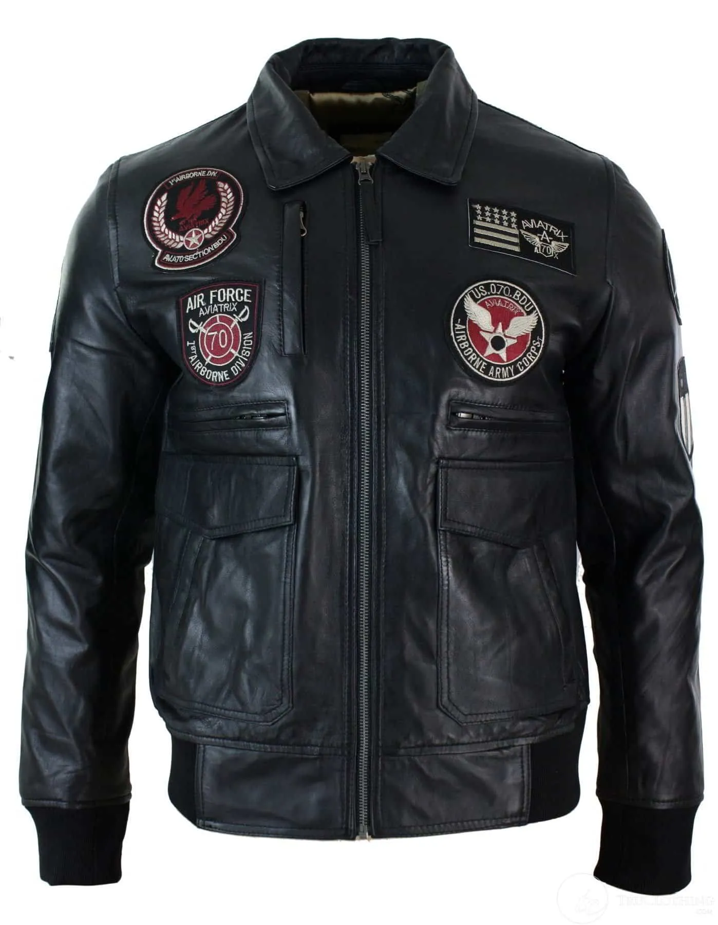 Mens Real Leather Black Bomber Badge Air Force Pilot Flying Jacket-Black