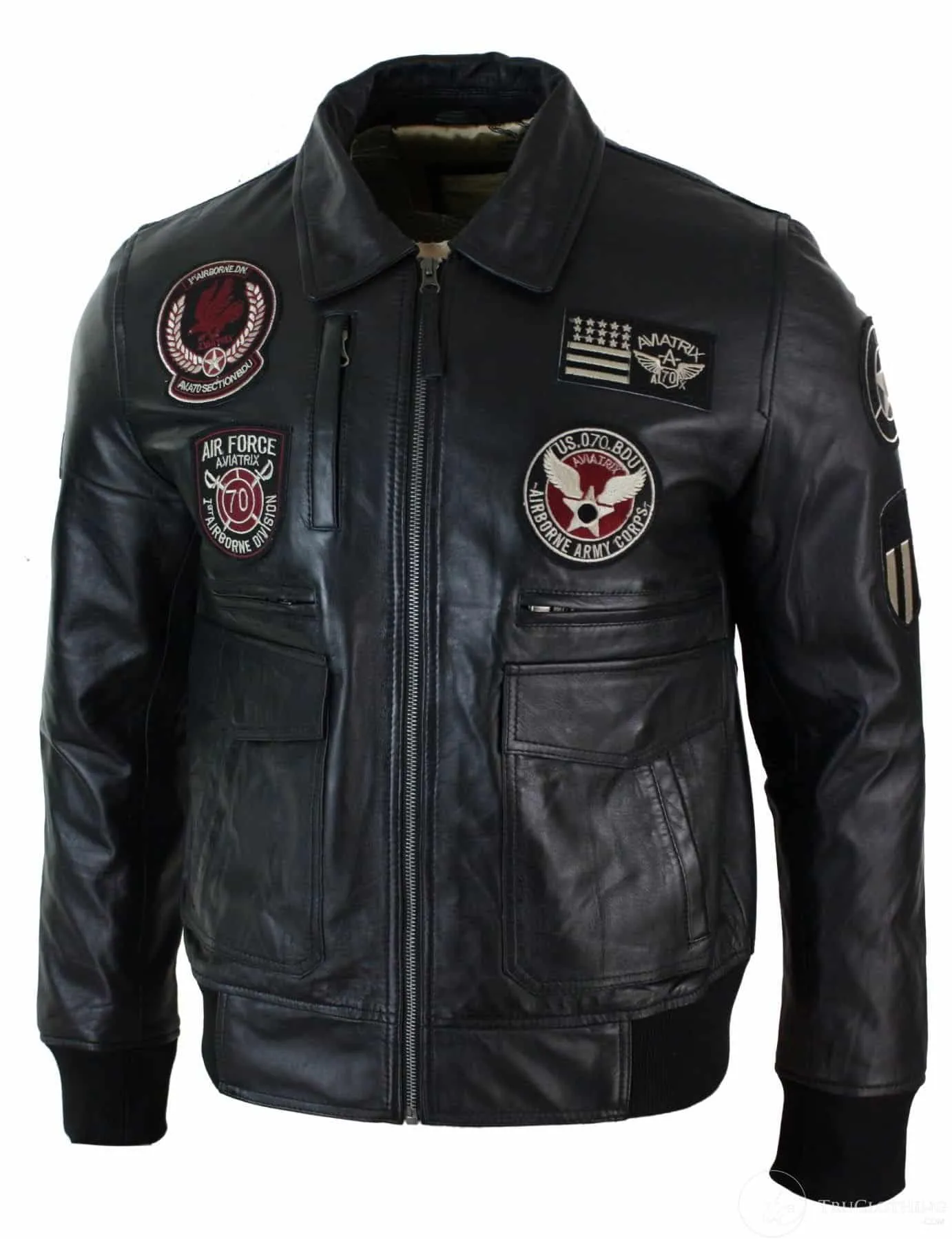 Mens Real Leather Black Bomber Badge Air Force Pilot Flying Jacket-Black