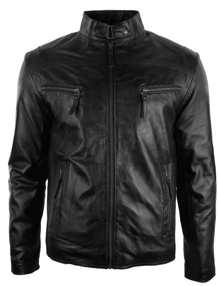 Mens Real Leather Jacket Biker Style Vintage Black Zipped Pockets Casual Fitted-Black