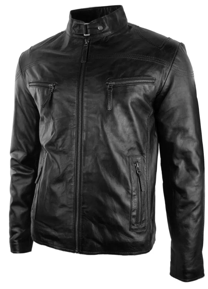 Mens Real Leather Jacket Biker Style Vintage Black Zipped Pockets Casual Fitted-Black