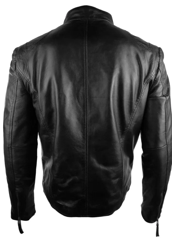 Mens Real Leather Jacket Biker Style Vintage Black Zipped Pockets Casual Fitted-Black