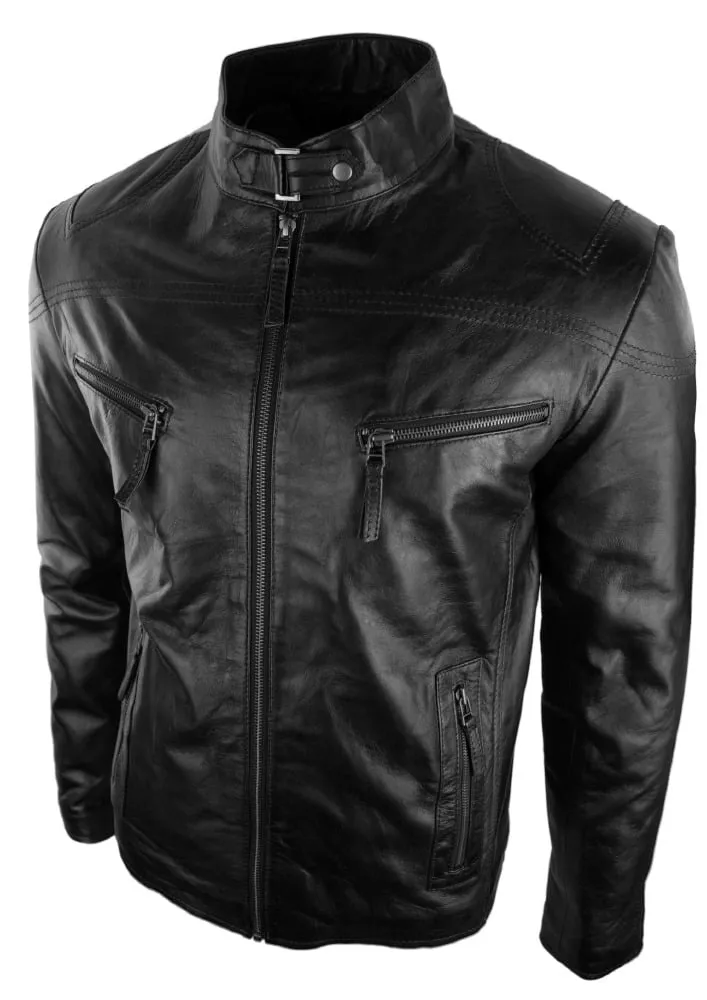 Mens Real Leather Jacket Biker Style Vintage Black Zipped Pockets Casual Fitted-Black