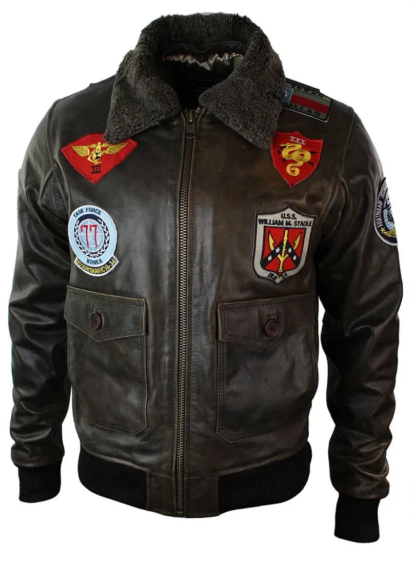 Mens Real Leather US Aviator Air Force Pilot Flying Bomber Jacket Black Fur Collar-Brown