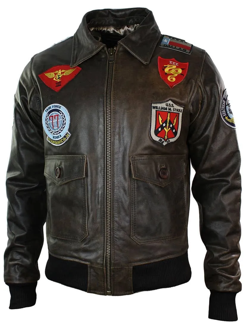 Mens Real Leather US Aviator Air Force Pilot Flying Bomber Jacket Black Fur Collar-Brown