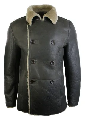 Mens Real Shearling German Navy Sheepskin Double Breasted Jacket Vintage Brown