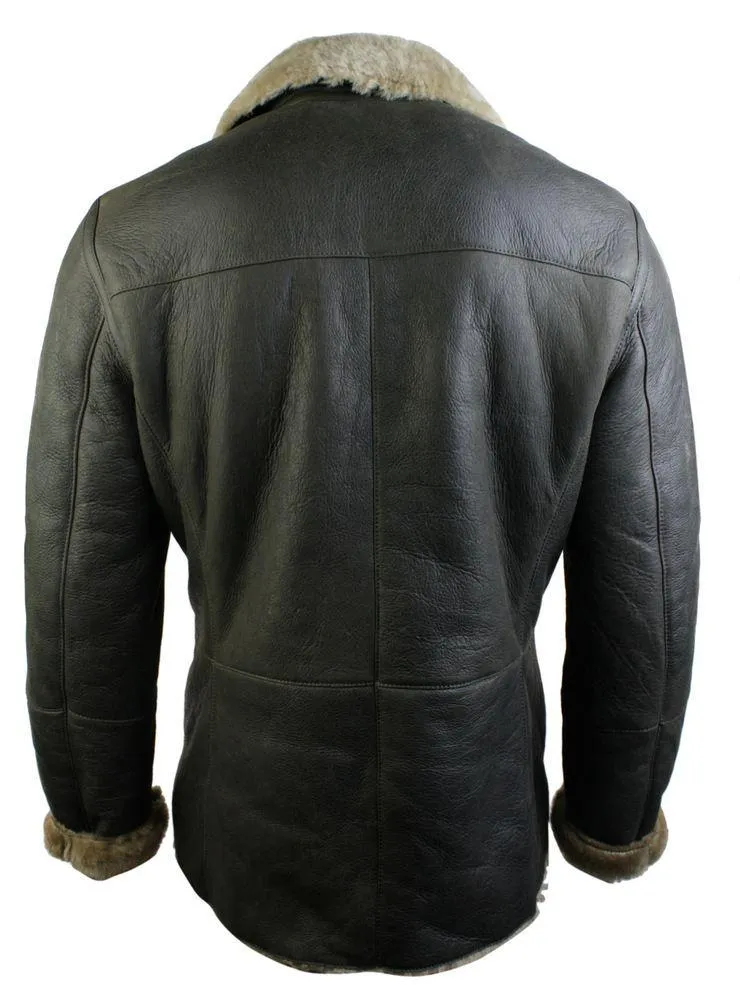 Mens Real Shearling German Navy Sheepskin Double Breasted Jacket Vintage Brown