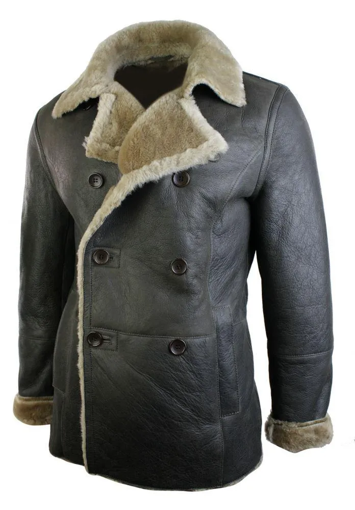 Mens Real Shearling German Navy Sheepskin Double Breasted Jacket Vintage Brown