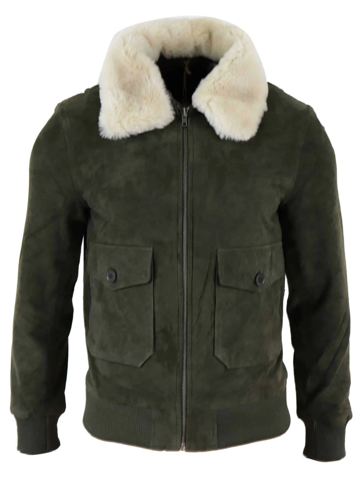 Mens Real Suede Varsity Bomber Jacket with Removable Collar - Olive Green