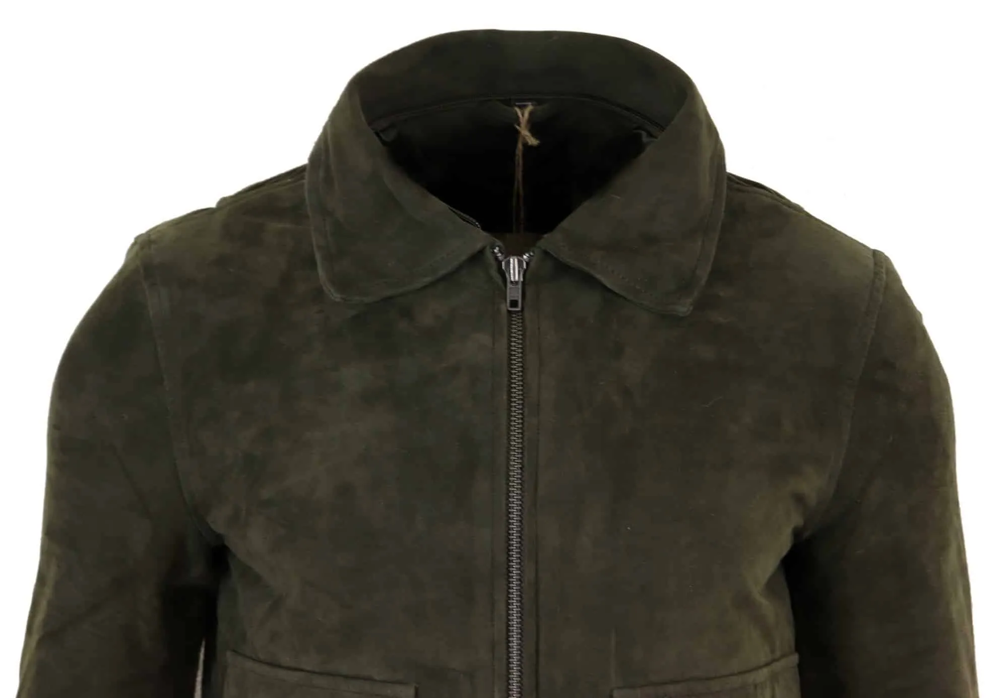 Mens Real Suede Varsity Bomber Jacket with Removable Collar - Olive Green