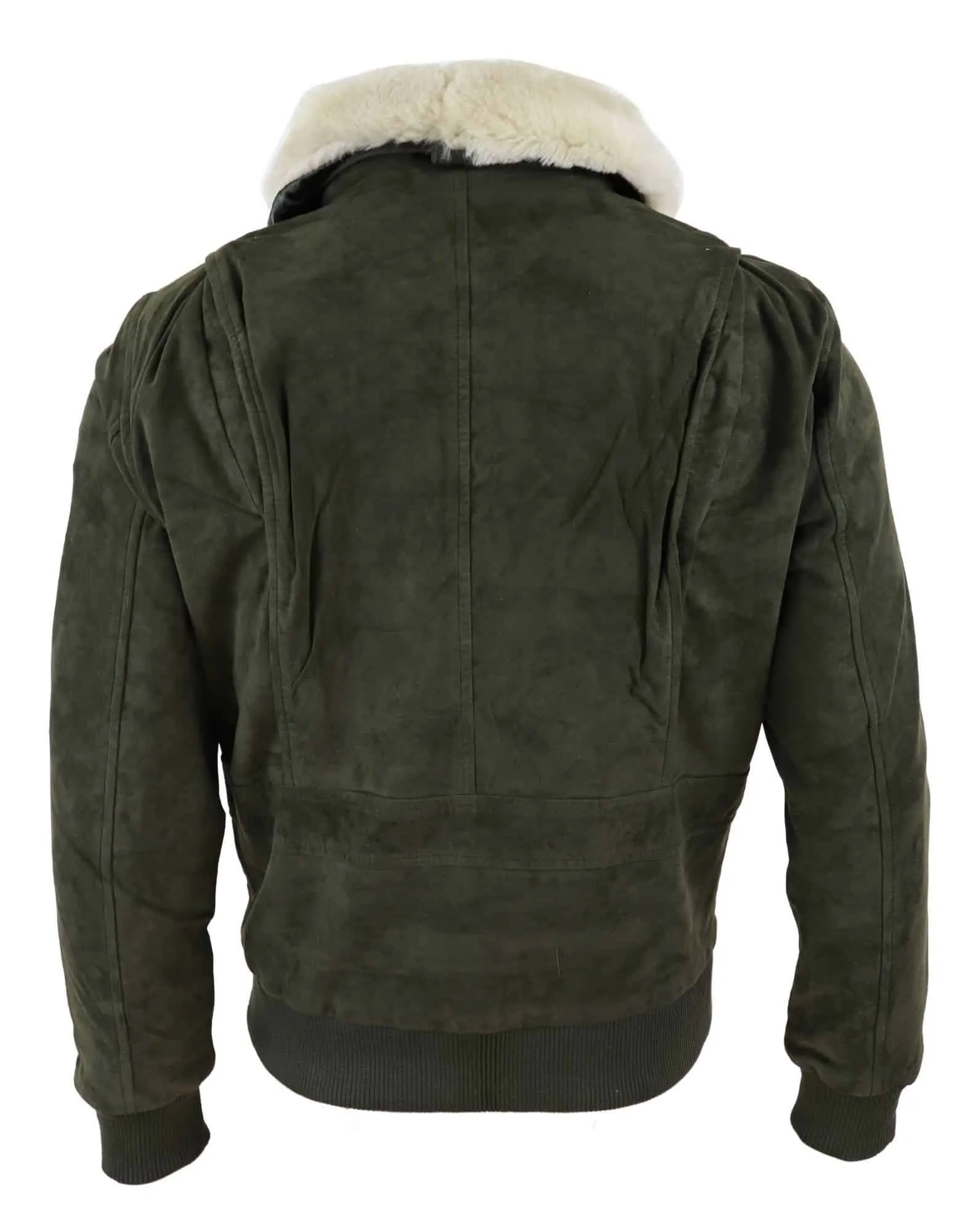 Mens Real Suede Varsity Bomber Jacket with Removable Collar - Olive Green