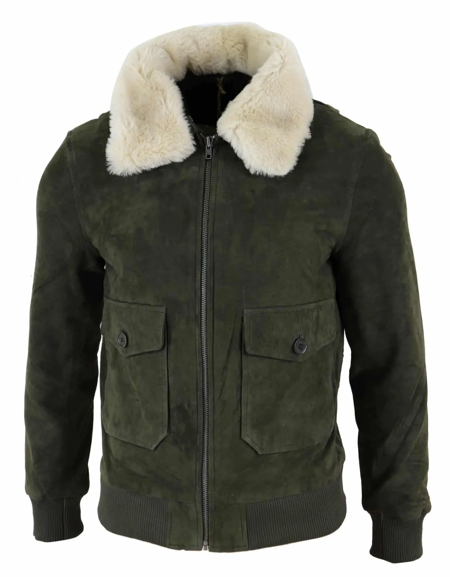 Mens Real Suede Varsity Bomber Jacket with Removable Collar - Olive Green