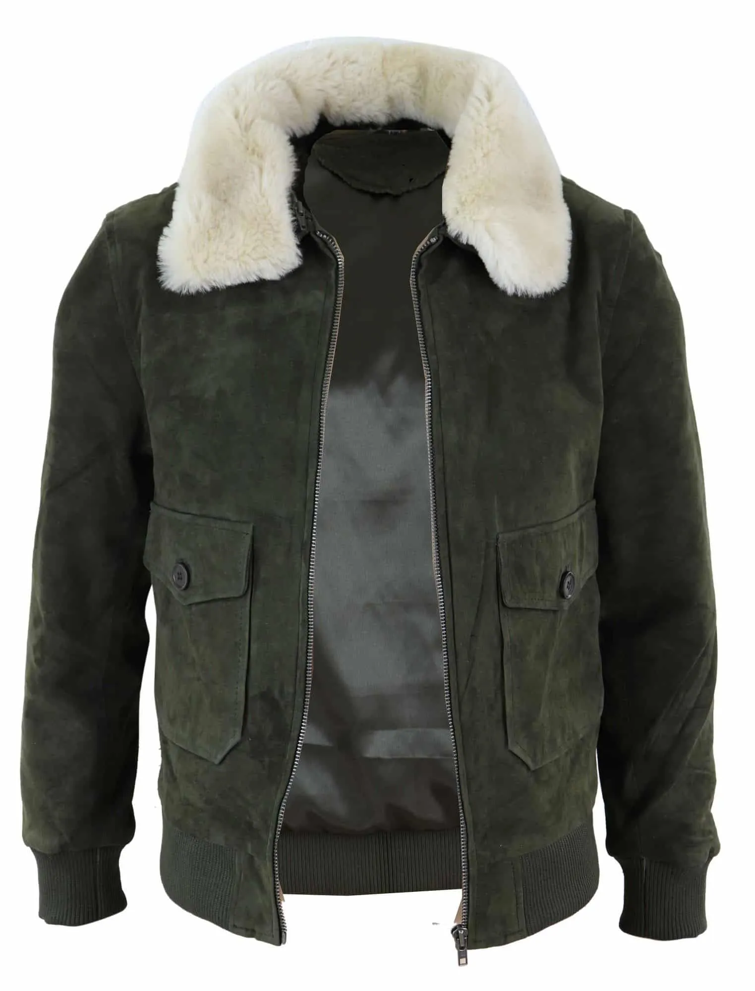 Mens Real Suede Varsity Bomber Jacket with Removable Collar - Olive Green