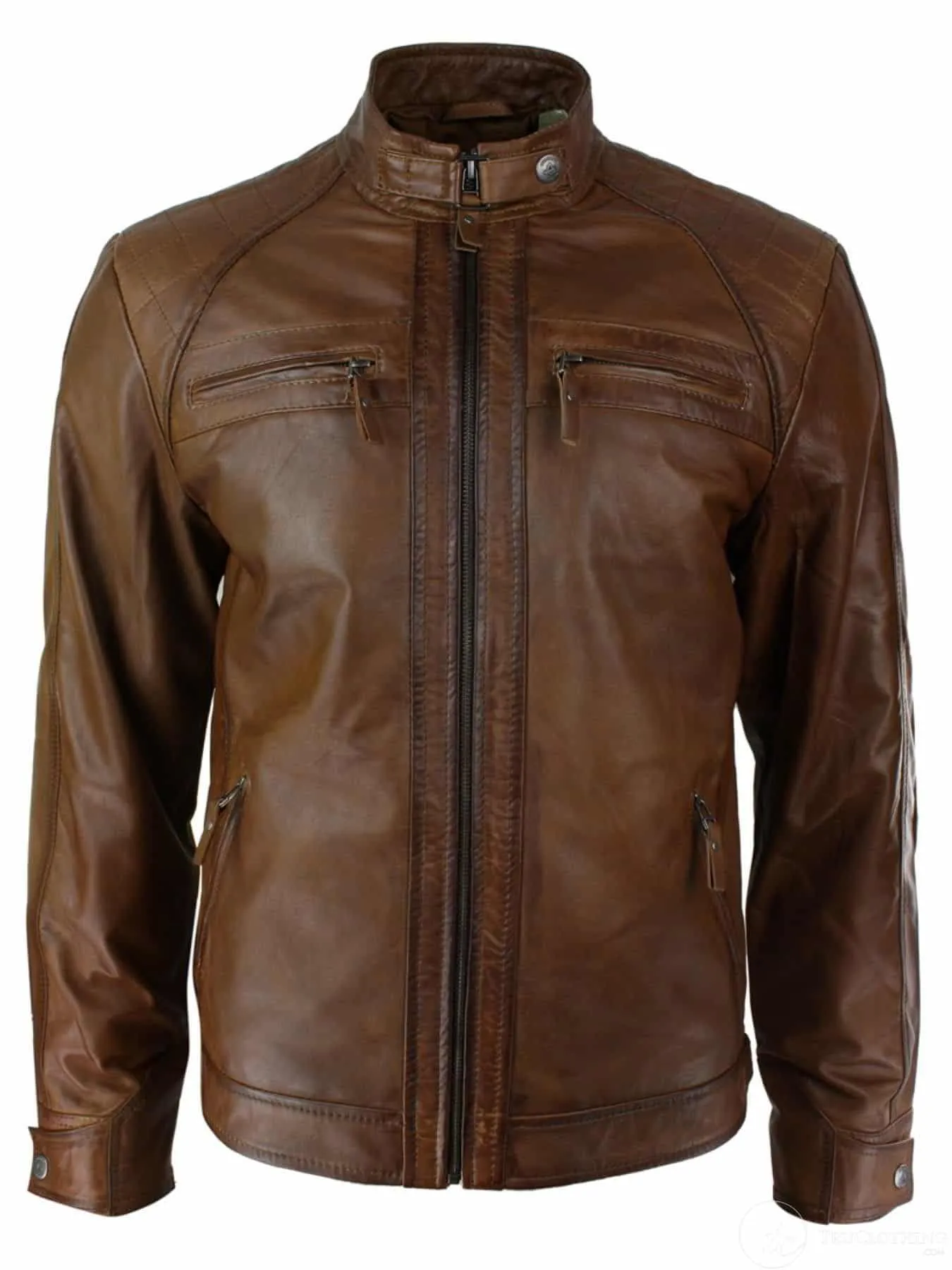 Mens Retro Style Zipped Biker Jacket Real Leather Soft Black Casual-Tan