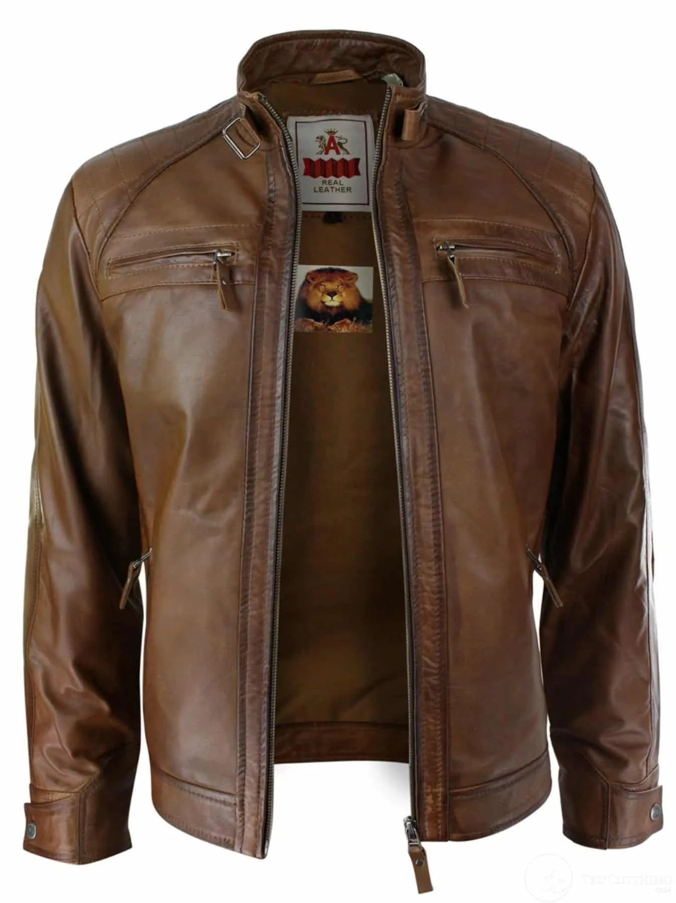 Mens Retro Style Zipped Biker Jacket Real Leather Soft Black Casual-Tan