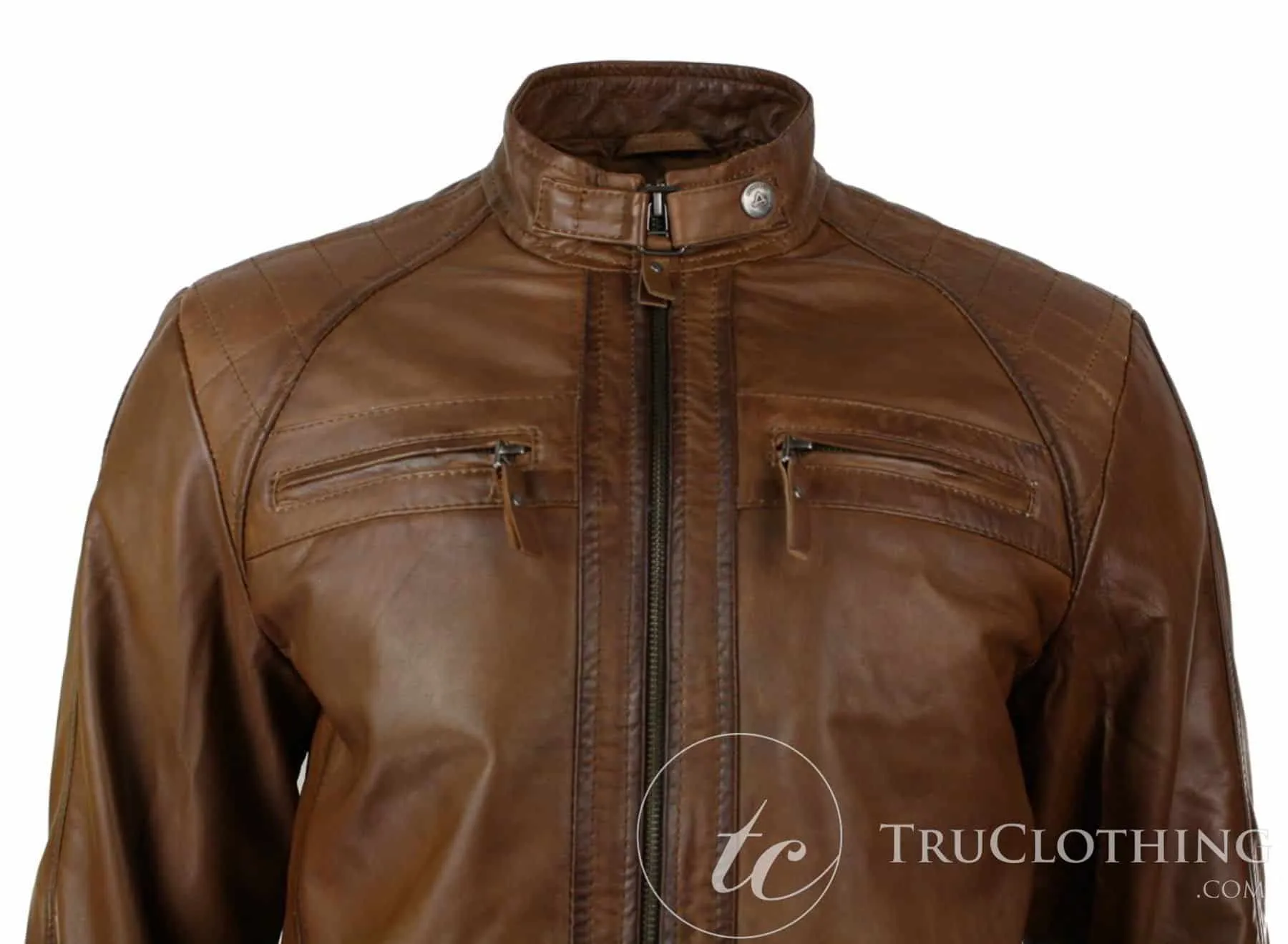 Mens Retro Style Zipped Biker Jacket Real Leather Soft Black Casual-Tan