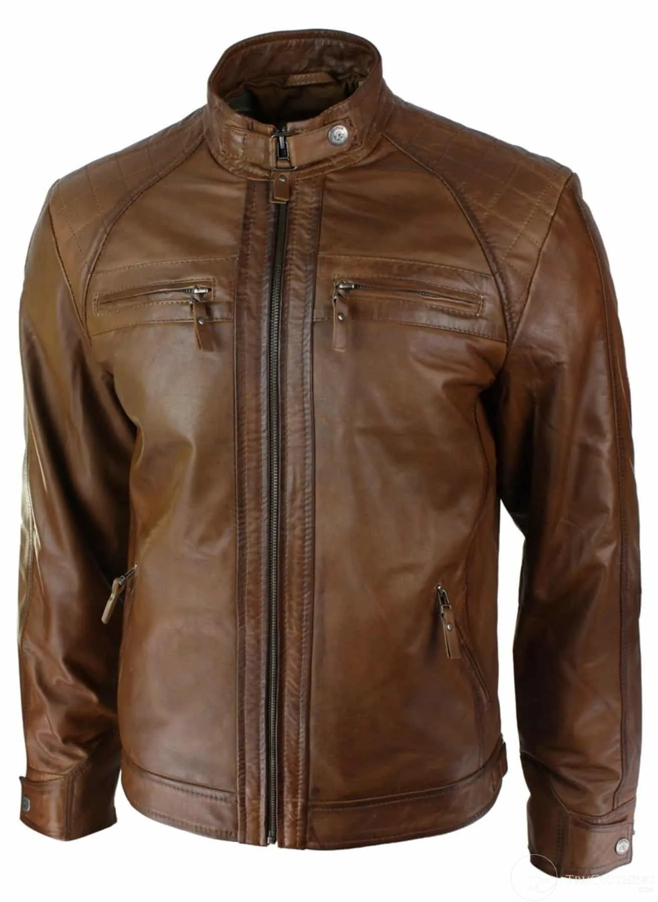 Mens Retro Style Zipped Biker Jacket Real Leather Soft Black Casual-Tan