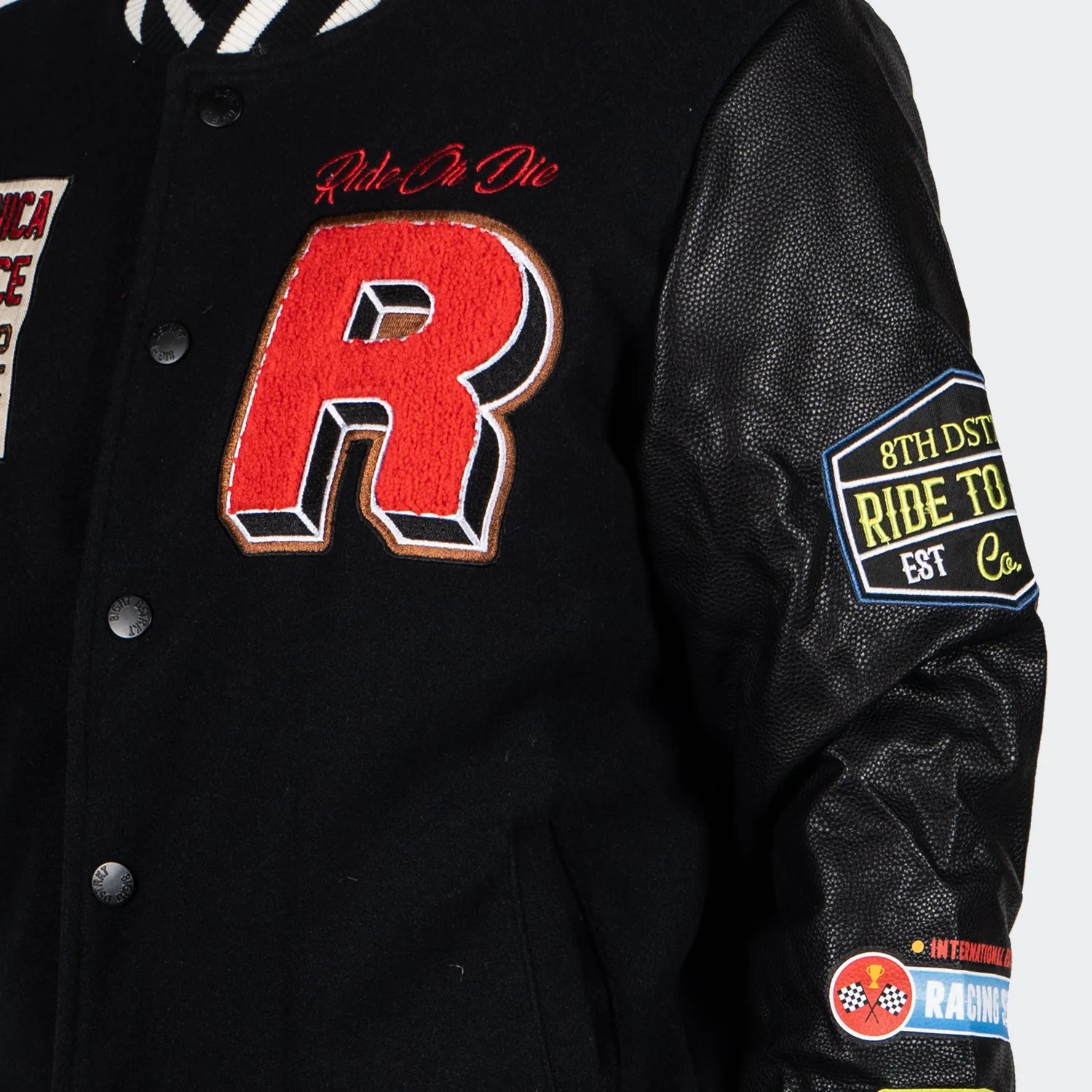 Men's TWO MILL TWENTY Ride or Die Road Race Varsity Letterman Jacket Black