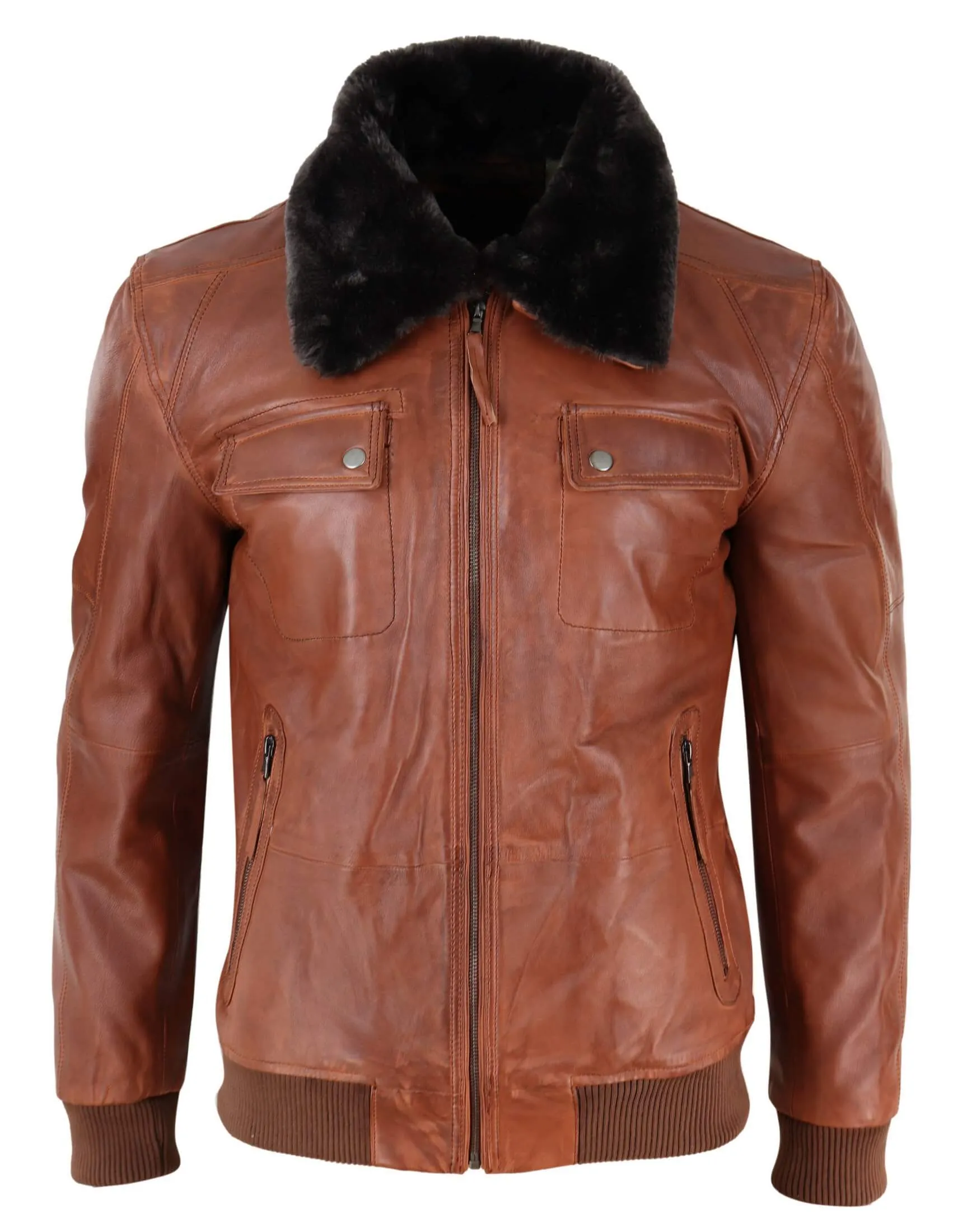 Mens Washed Rust Tan Brown Removable Fur Collar Pilot Leather Jacket Slim Fit