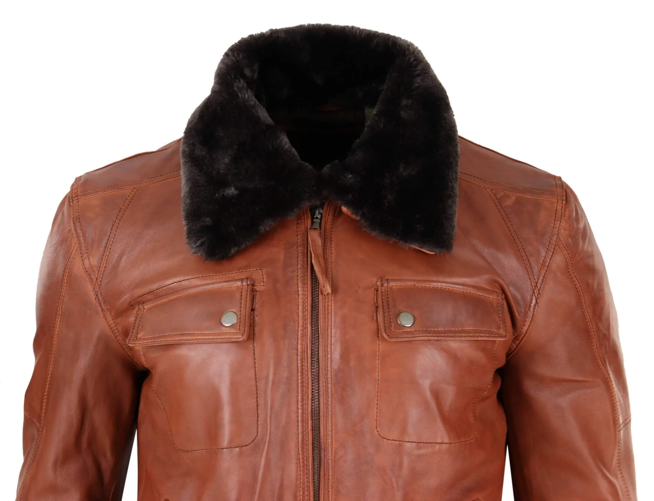 Mens Washed Rust Tan Brown Removable Fur Collar Pilot Leather Jacket Slim Fit