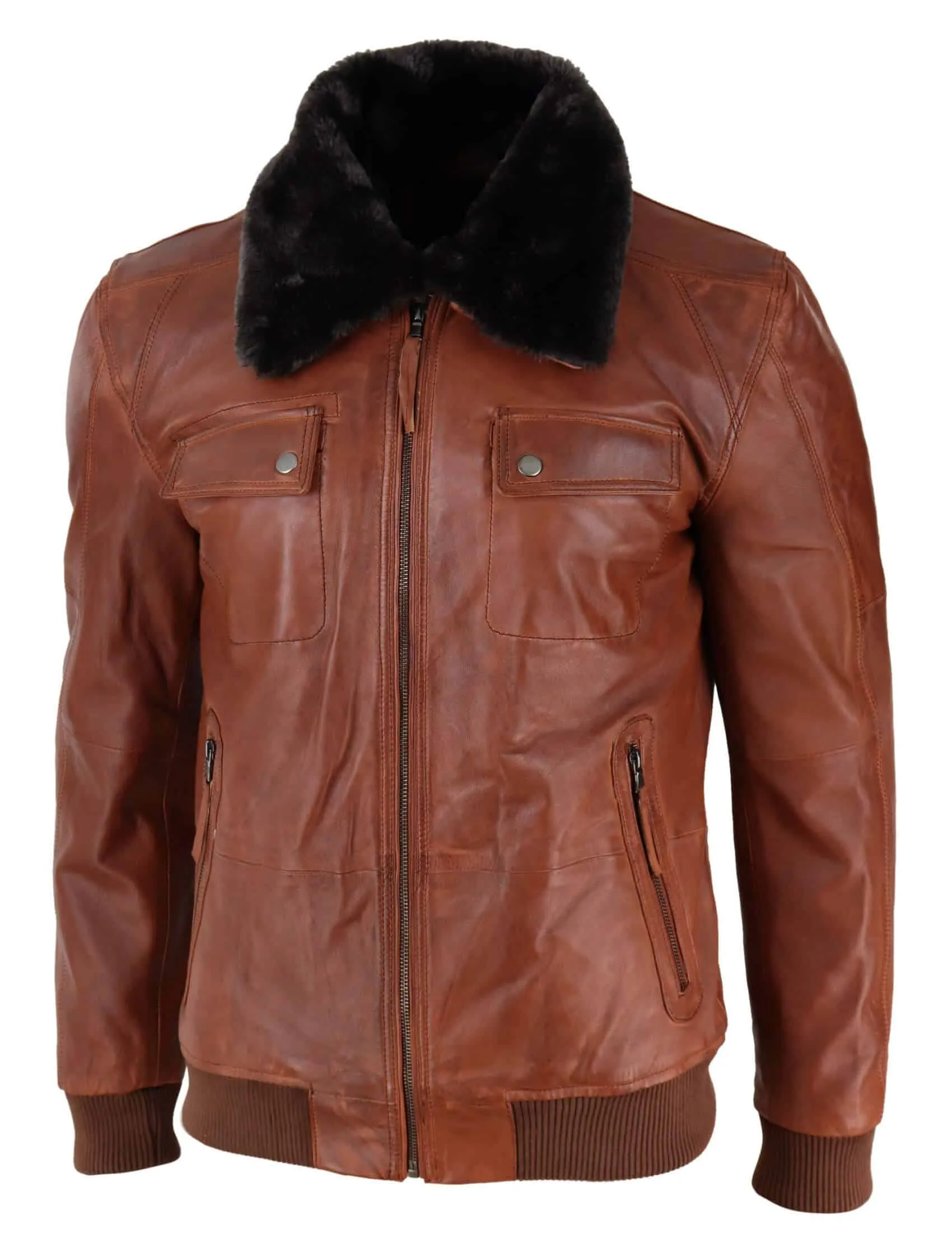 Mens Washed Rust Tan Brown Removable Fur Collar Pilot Leather Jacket Slim Fit