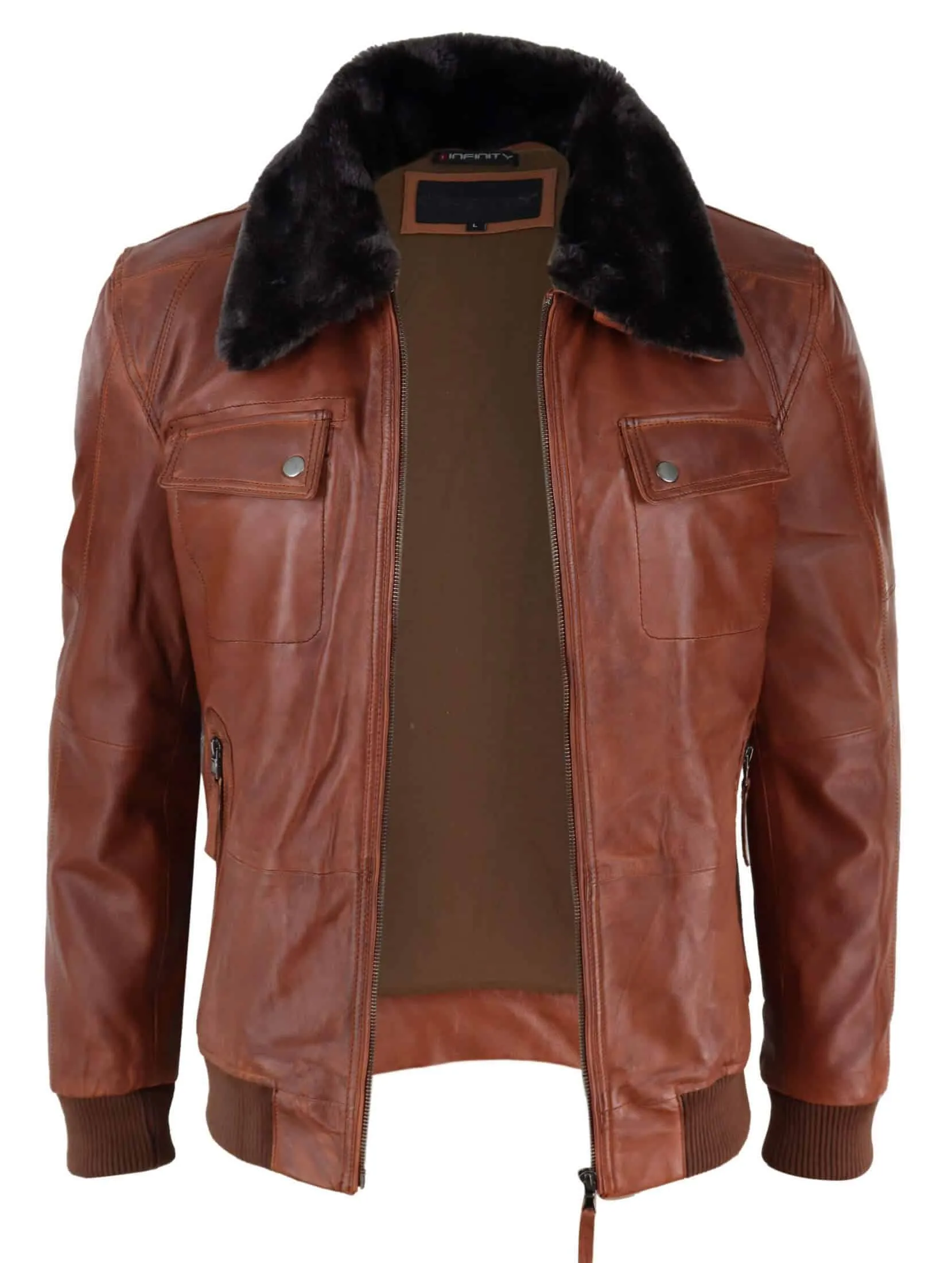 Mens Washed Rust Tan Brown Removable Fur Collar Pilot Leather Jacket Slim Fit