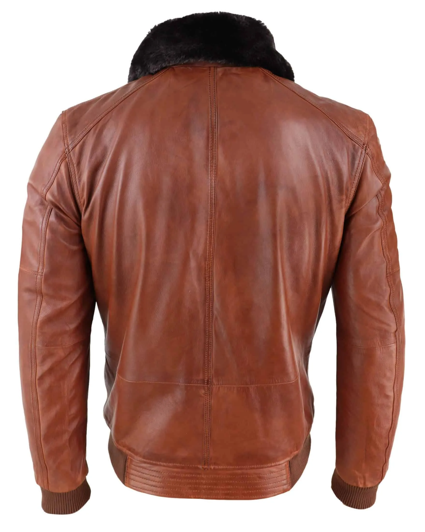 Mens Washed Rust Tan Brown Removable Fur Collar Pilot Leather Jacket Slim Fit