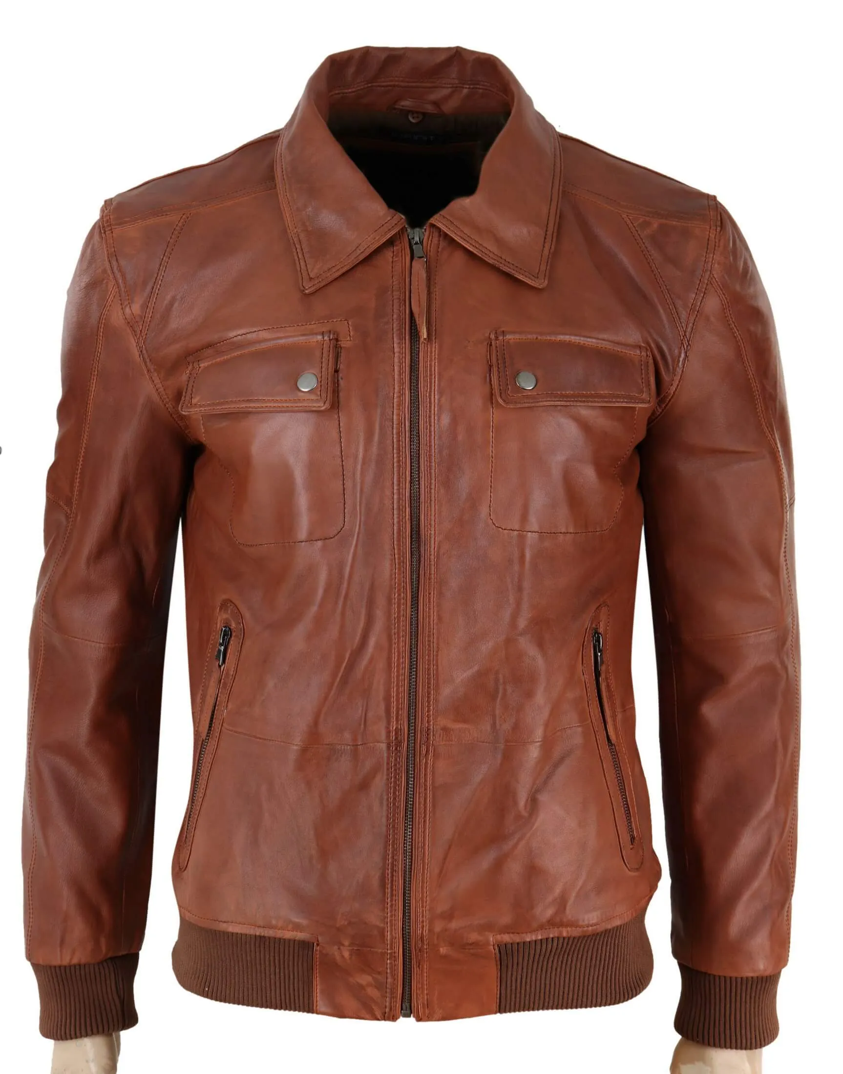 Mens Washed Rust Tan Brown Removable Fur Collar Pilot Leather Jacket Slim Fit