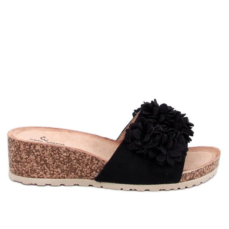 Minass Black floral wedge mules