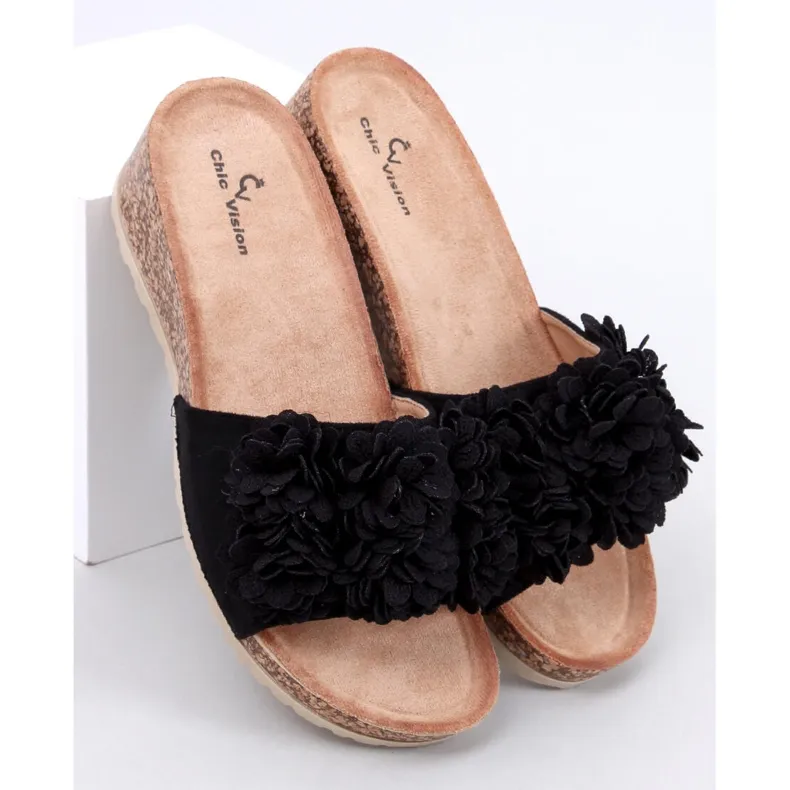 Minass Black floral wedge mules