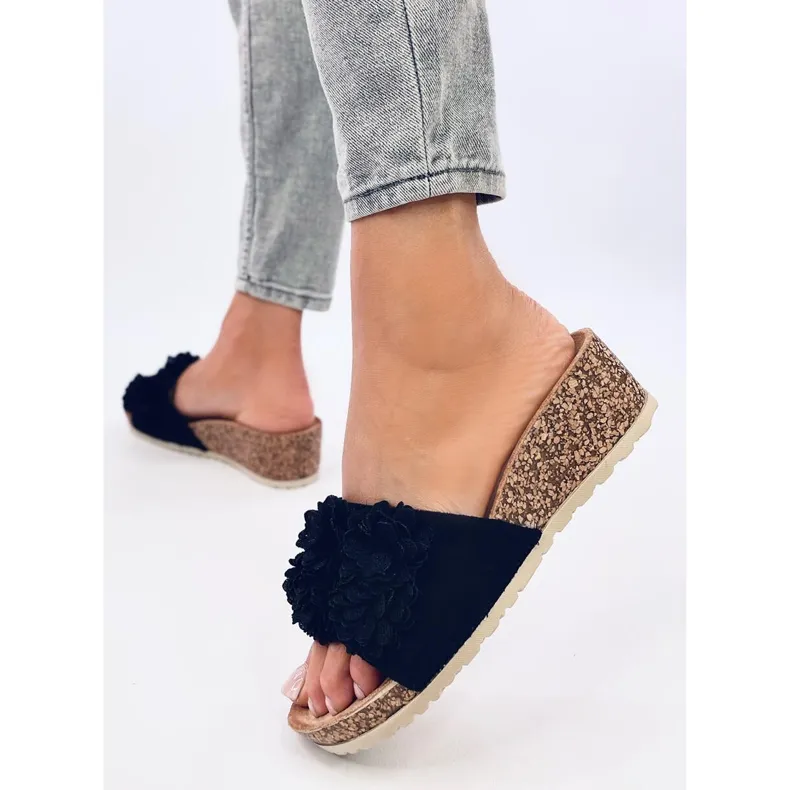 Minass Black floral wedge mules