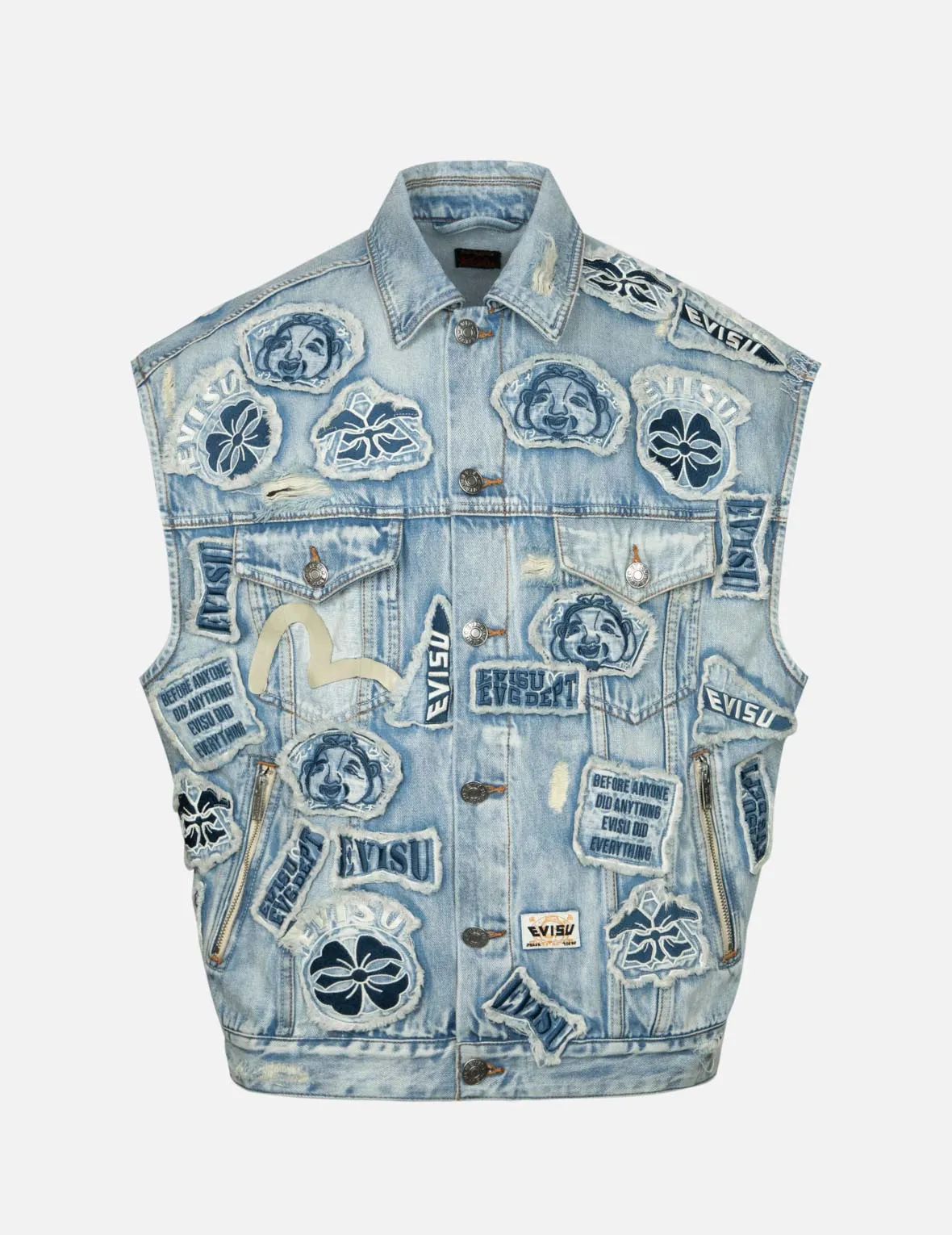 MultipleBadgesDeconstructed Loose Fit Denim Vest