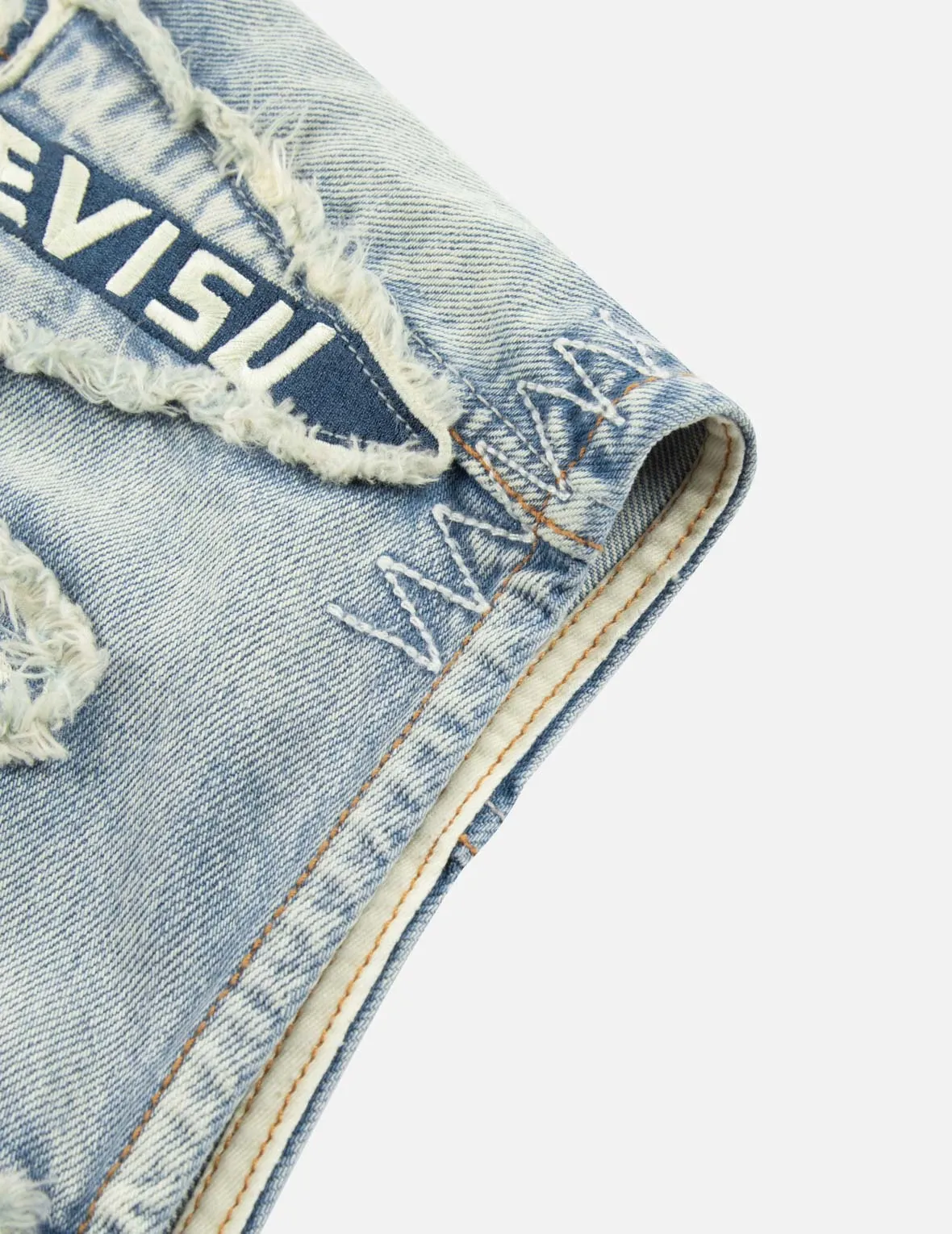 MultipleBadgesDeconstructed Loose Fit Denim Vest