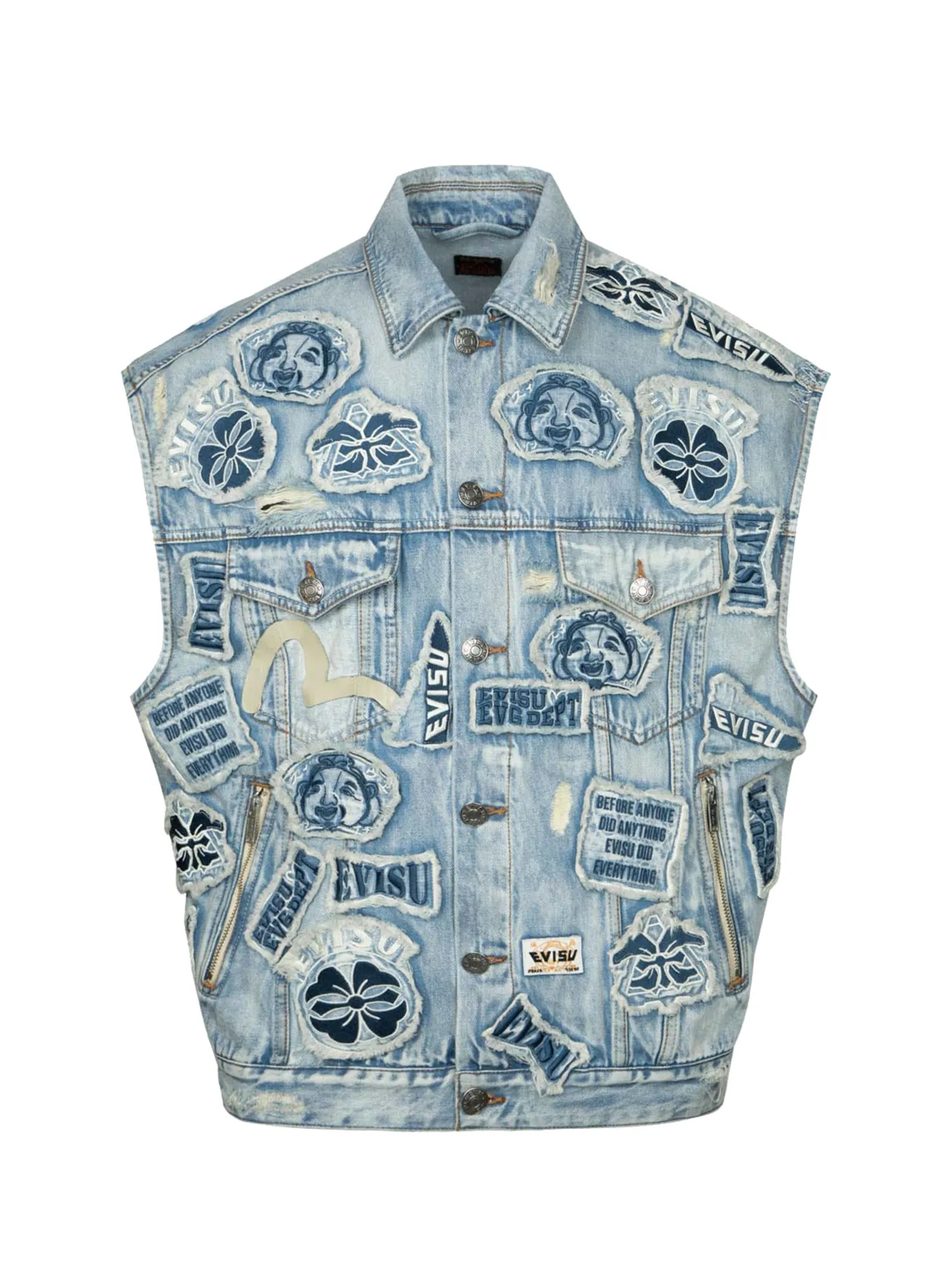 MultipleBadgesDeconstructed Loose Fit Denim Vest