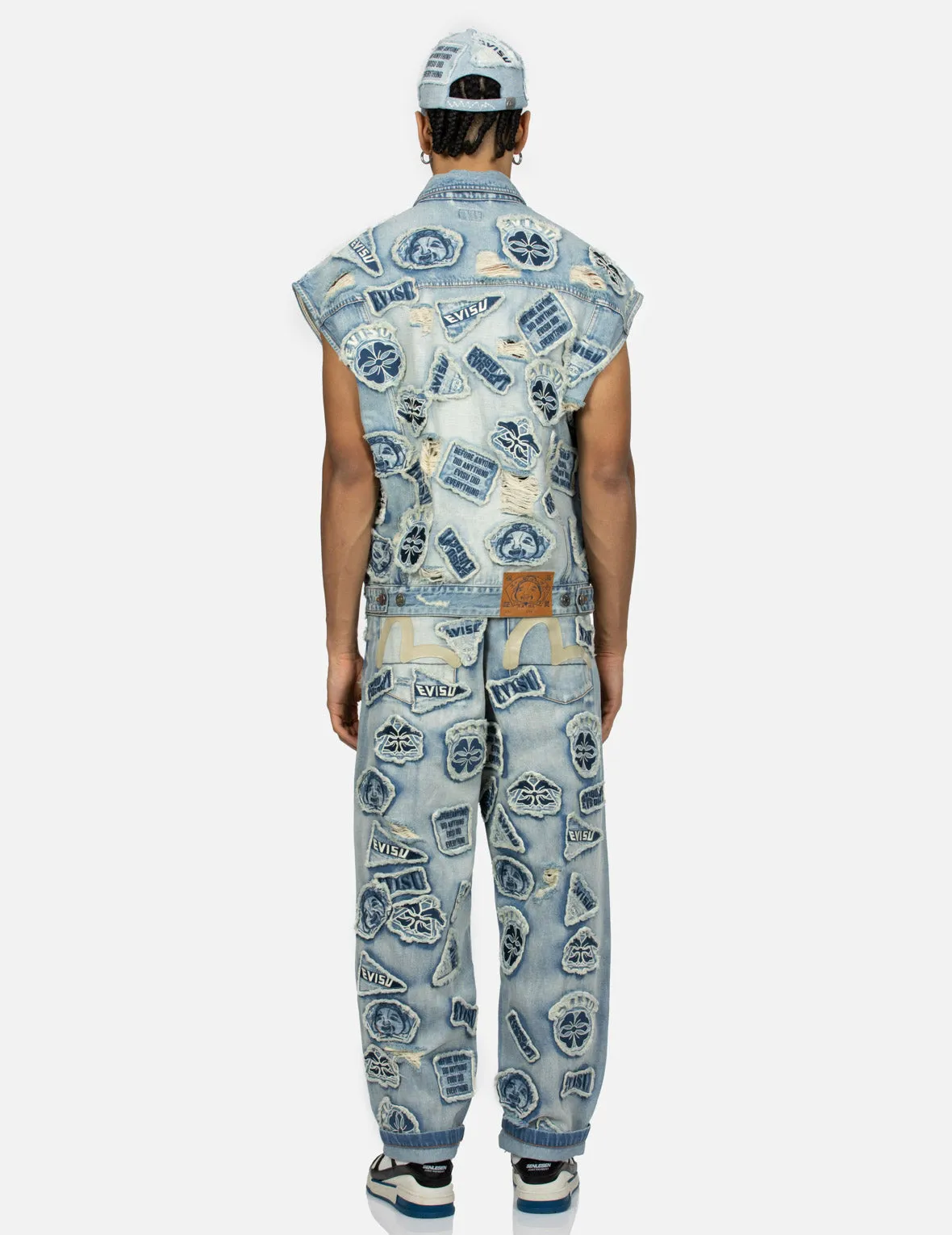 MultipleBadgesDeconstructed Loose Fit Denim Vest