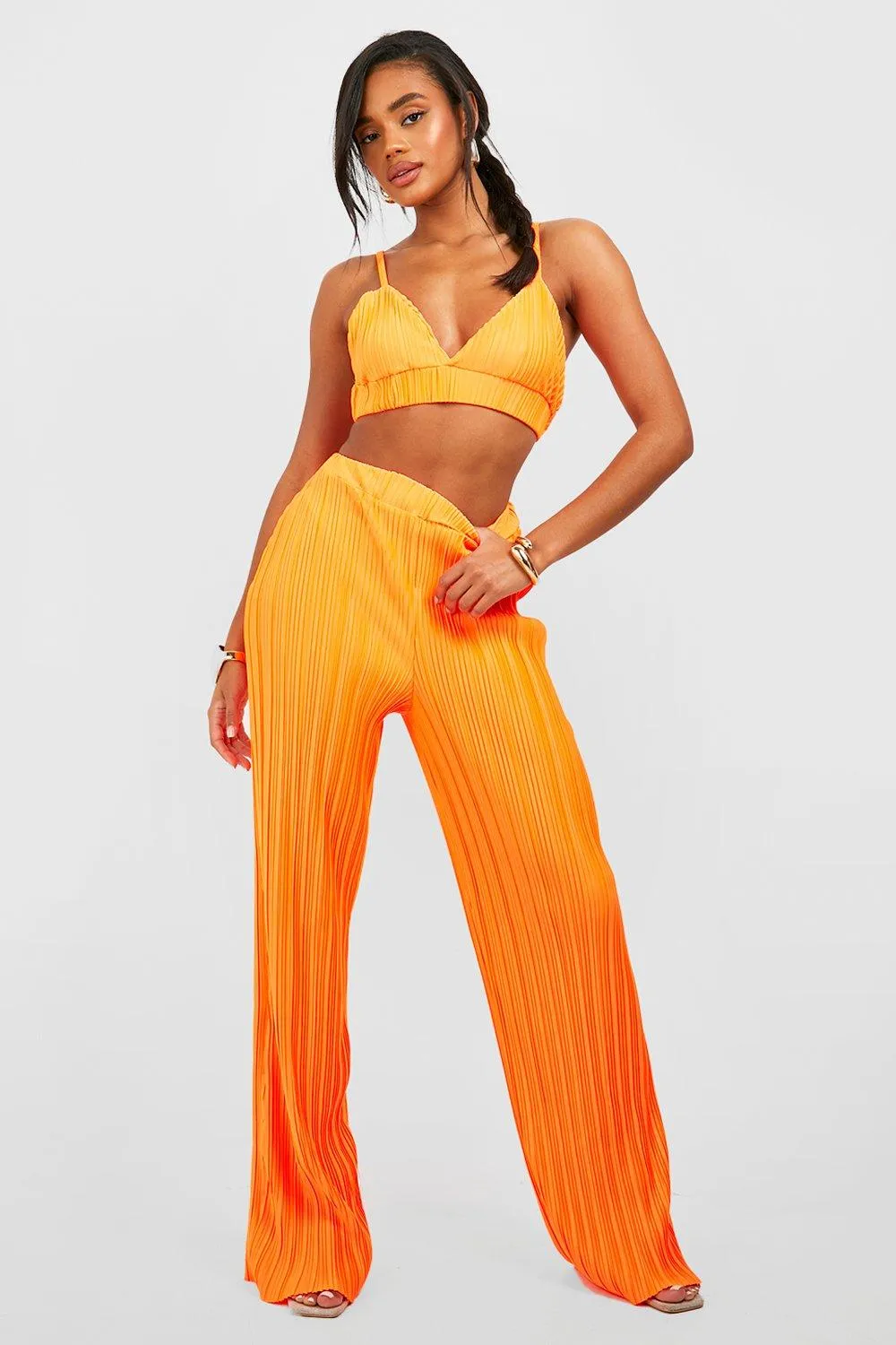 Neon Plisse Bralette & Wide Leg Pants Set