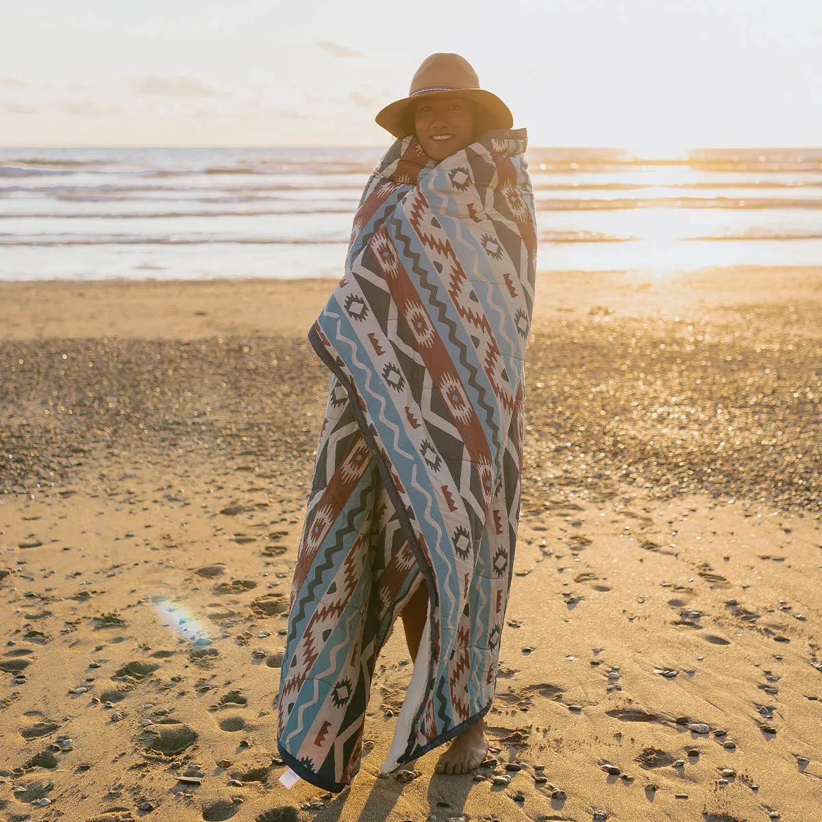 Nomadic Recycled Sherpa Blanket - Multi Geo Stripe Coral