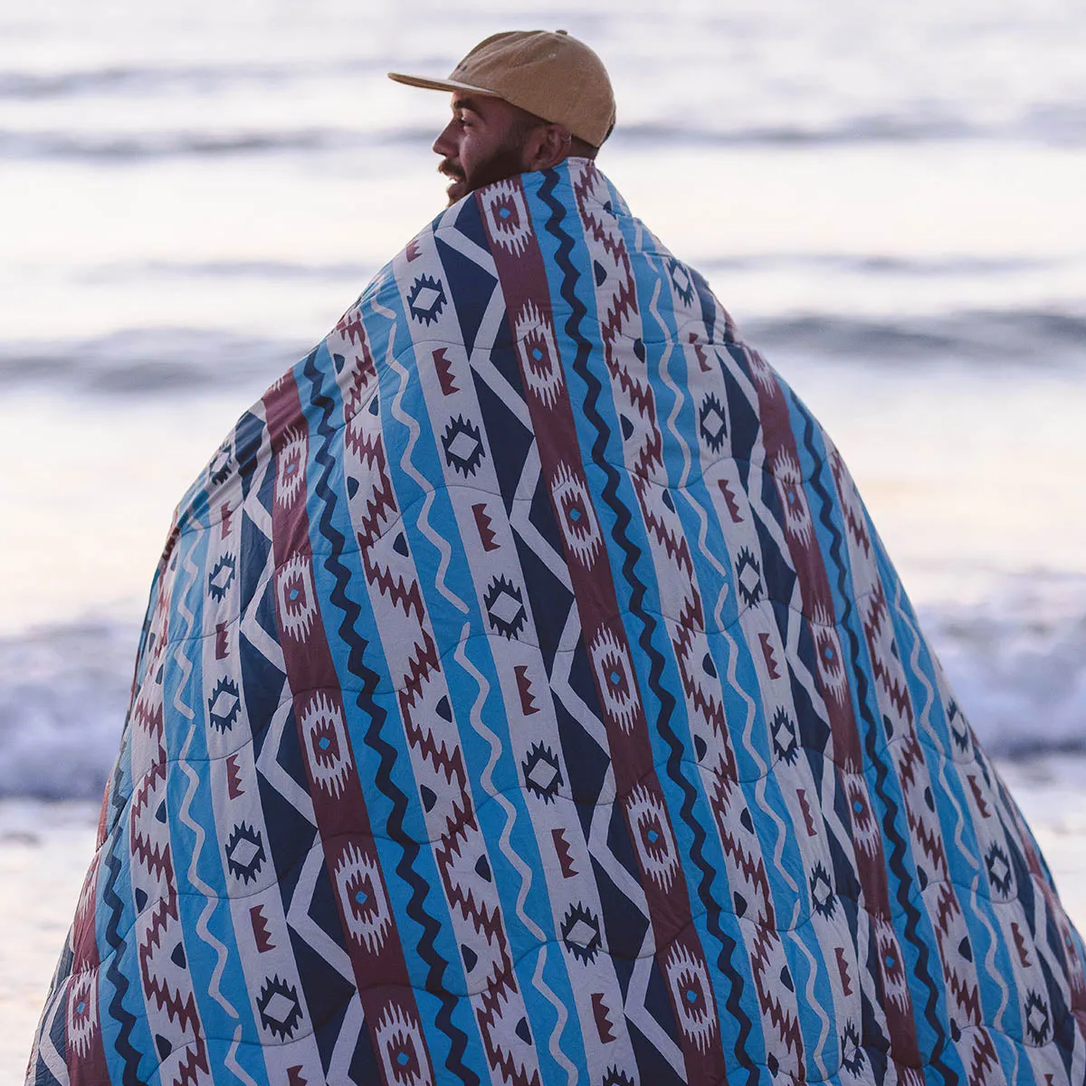 Nomadic Recycled Sherpa Blanket - Multi Geo Stripe Coral